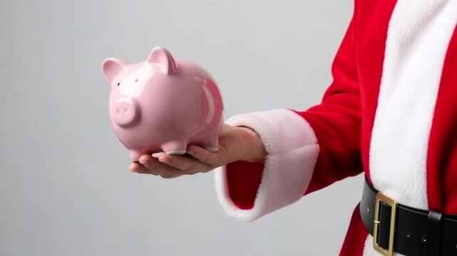 Christmas Economy and Budget: Santa Claus holding a pink piggy bank on a gray background, symbolizing the importance of saving money for the future and gifts.