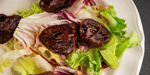 Salad heart turkey roasted giblets poultry meat tasty snack fresh delicious gourmet food table setting rustic food top view copy space