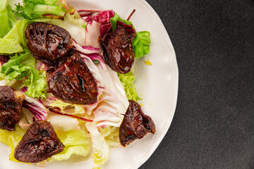 Salad heart turkey roasted giblets poultry meat tasty snack fresh delicious gourmet food table setting rustic food top view copy space
