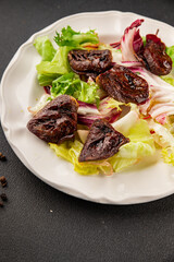 Salad heart turkey roasted giblets poultry meat tasty snack fresh delicious gourmet food table setting rustic food top view copy space