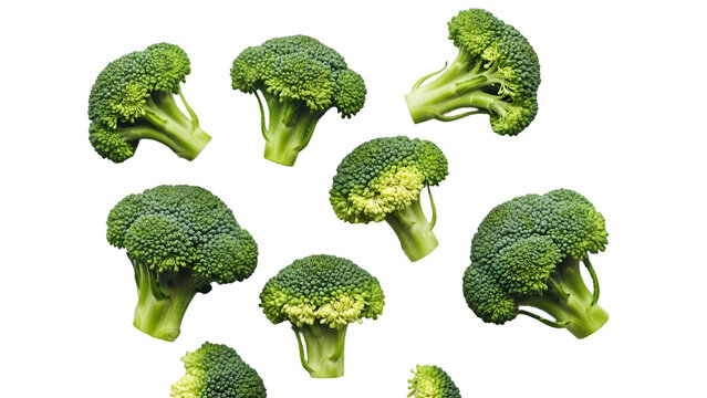 Collection of fresh green broccoli florets and stalks floating or falling against a Transparency background Healthy vegetable food concept