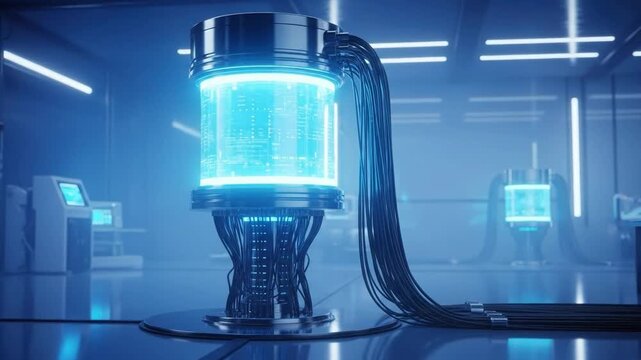 Futuristic laboratory equipment displaying blue energy in a high tech setting
