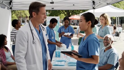 Healthcare Professionals Engaging Patients At Outdoor Health Screening Event