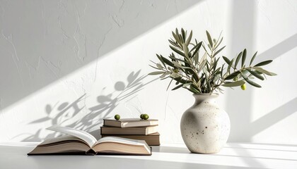 Minimalist composition with books olive branches and sunlit wall creating a serene atmosphere