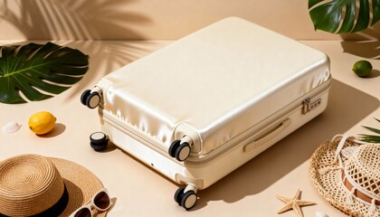 Ivory Suitcase with Straw Bag and Hat in Warm Tropical Minimal Scene