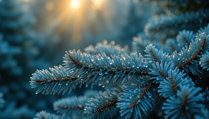 Stunning close-up of blue spruce branch glistening with raindrops in soft morning light, perfect for winter holiday promotions and nature-themed designs