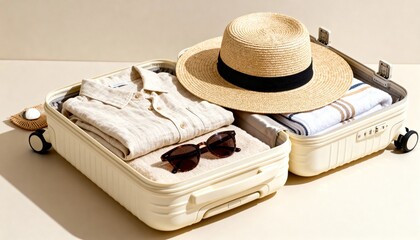 Open Suitcase Packed with Summer Travel Essentials in Minimal Beige Style