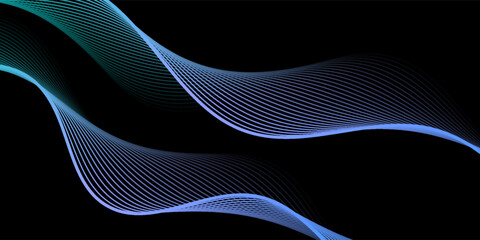 abstract wavy lines background. Vector wave lines smooth flowing dynamic blue green gradient light isolated on black background.