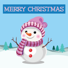 Cute vector illustration of a happy snowman with a pink hat and striped scarf standing in a winter scene with pine trees and a "Merry Christmas" banner