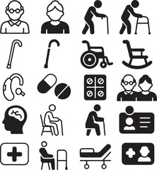 Isolated Elderly Icon Set, Elderly Care Icons Collection, Senior Support Symbols, Aging Health Icons, Black Vector Care Icons, Minimal Health UI Icons, Elderly Outline And Solid Icons