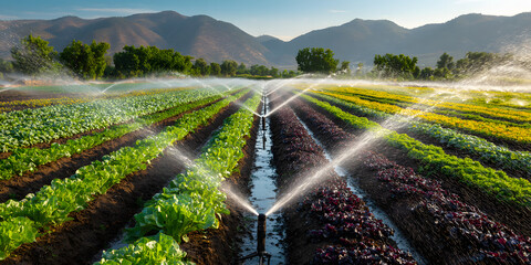 Vegetable crops sprayed by irrigation system modern agriculture overhead