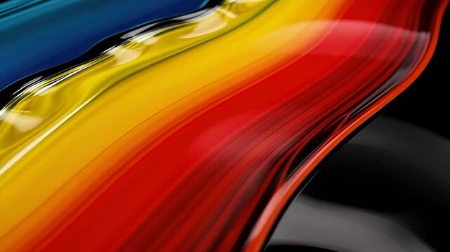 Abstract liquid simulation featuring glossy, undulating primary colors (red, yellow, blue) separating with a dark, reflective wavy line against a black backdrop.