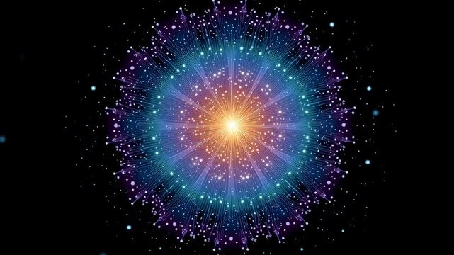 A cosmic mandala pulsates with rays. A concept for spiritual development and raising vibrations. Loop motion of blue and yellow circle.