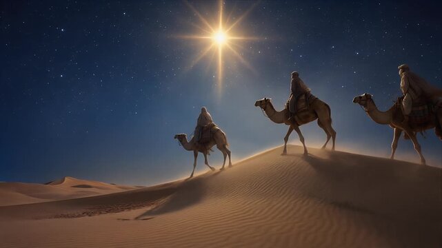 Three Wise Men riding camels across dark desert dunes following the glorious shining Star of Bethlehem toward the horizon on a spiritual journey