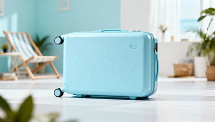 Light Blue Suitcase in Minimal Interior with Plants and Sunlight
