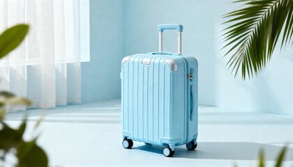 Light Blue Suitcase in Minimal Interior with Plants and Sunlight