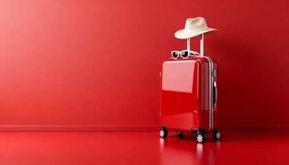 Red Suitcase with Hat and Sunglasses on Minimal Studio Background