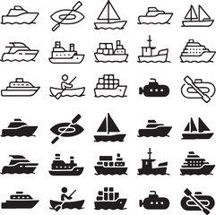 Isolated Water Transport Icon Set, Water Transport Icons Collection, Marine Shipping Symbols, Boat Logistics Icons, Black Vector Transport Icons, Minimal UI Travel Icons