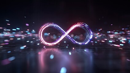 Fototapeta premium Glowing infinity symbol, sparks, and blurred lights against a dark backdrop