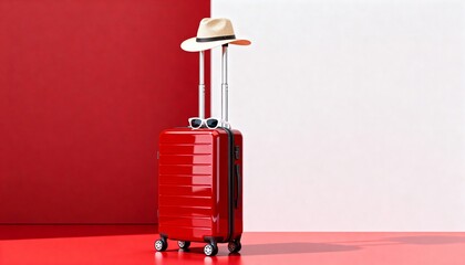 Red Suitcase with Hat and Sunglasses on Minimal Studio Background