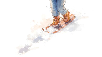 Watercolor Child in Oversized Snowshoes