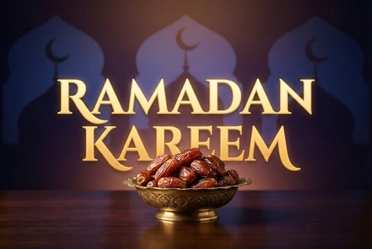Ramadan kareem greeting with golden text and dates in a decorative bowl