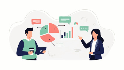 Fototapeta premium Modern flat style vector illustration depicting two people analyzing infographic charts, sharing ideas, goals and data for strategy, teamwork, financial growth and company success.