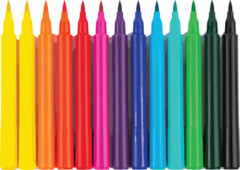 Colorful marker pen vector illustration featuring vibrant felt-tip pens arranged in rainbow order, creative drawing tools perfect for art, education, stationery, and design projects