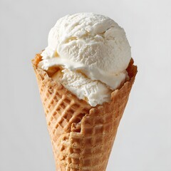 Large scoop of vanilla ice cream in a crispy waffle cone