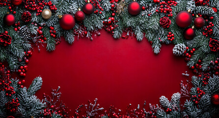 Red Christmas Frame with Pine Branches, Shiny Balls, and Berries &mdash; Space for Text, Christmas Card
