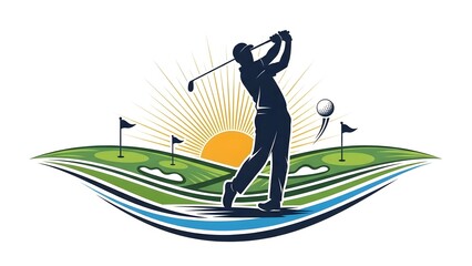 Fototapeta premium Golfer mid swing on golf course, sunrise golf action, dynamic golf sport illustration