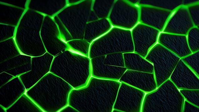 Abstract background of dark cracked surface with glowing green fissures