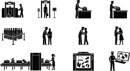 Airport security icons with metal detector, body scanner, bag inspection, pat-down, X-ray machine, queue, digital kiosk, travel safety