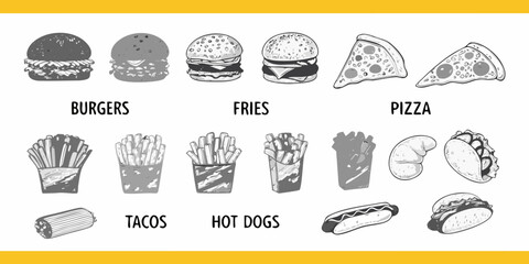 Illustration of various fast food items including burgers pizza tacos and hot dogs