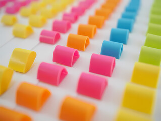 Fototapeta premium A closeup of colorful, arched plastic pieces arranged in neat rows, creating a vibrant and playful pattern with a shallow depth of field