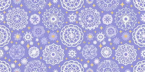 Seamless pattern with delicate white snowflakes and golden stars on lavender