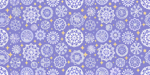 A seamless pattern of intricate white snowflakes on a lavender background
