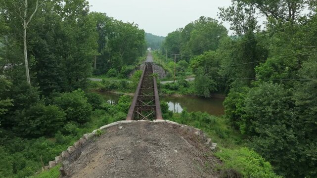 An abandoned railway bridge surrounded by vibrant trees and overgrown plants. The view highlights the lush green scenery and the structure's rustic charm, creating a serene atmosphere.