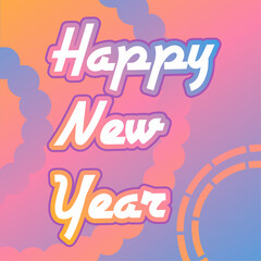 Happy New Year greeting design with playful typography and soft colorful shapes, suitable for greeting cards, posters, social media, and festive promotions.