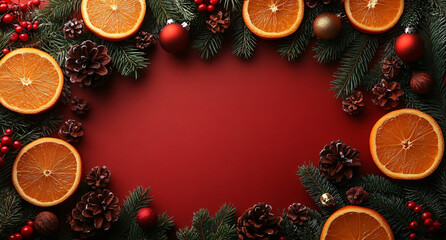 Vibrant Red Christmas Background with Shiny Ornaments, Pine Leaves, and Festive Details &mdash; Promotional Material, Card Template