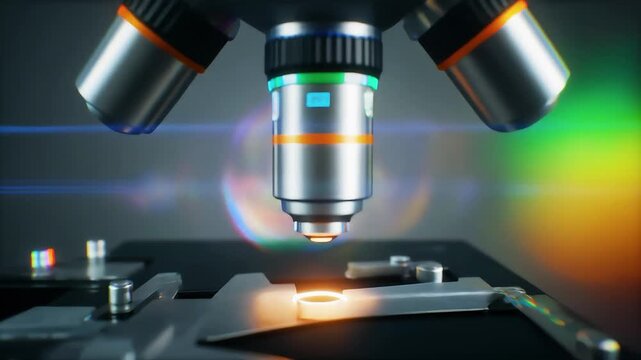 Close-up of microscope lens on glass slide