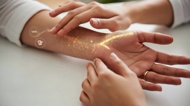 Ayurvedic pulse diagnosis consultation with a practitioner showing energy flow graphics