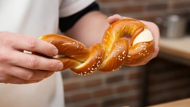 Baker demonstrates twisting a traditional salted pretzel with sesame seeds into various shapes