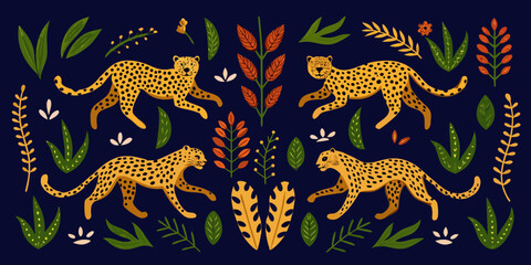 Stylized illustration featuring leaping cheetahs amidst tropical foliage and botanical elements © Savankar