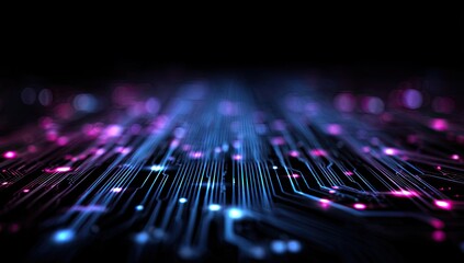 Glowing digital circuits and pathways with an abstract, futuristic aesthetic, dark background