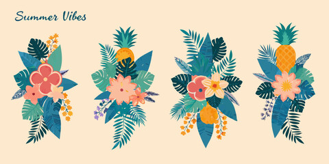 Tropical floral bouquets with pineapples and lush green leaves summery design