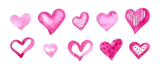 Set of pink watercolor hearts in various shapes and textures on a white background. Hand-painted romantic elements perfect for Valentine&rsquo;s Day cards, wedding designs, stickers, and decor.