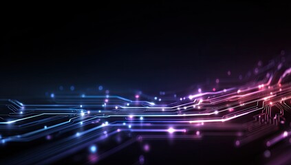 A stylized digital circuit illustration with lines of flowing data in blue and magenta hues