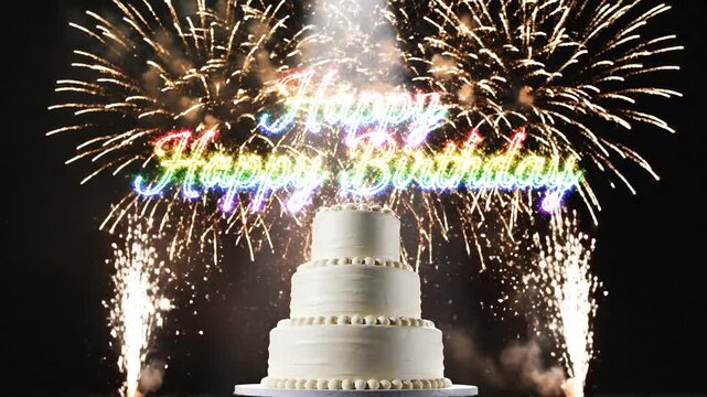 A white birthday cake with gold decorations and 'Happy Birthday' neon sign against a vibrant fireworks display on a black background.