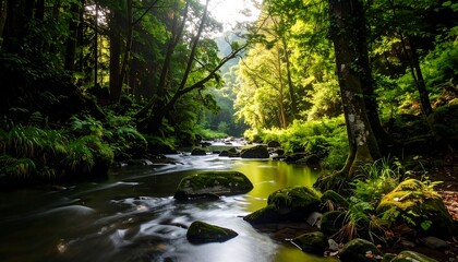 Fototapeta premium Serene River Flowing Through Lush Forest
